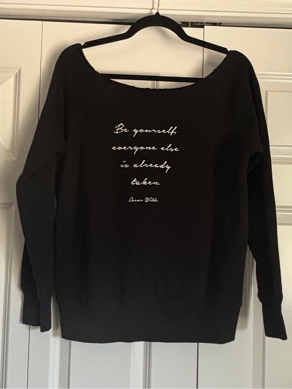 Off-The-Shoulder Black Sweater with Script Quote